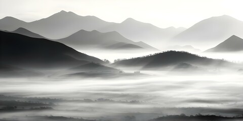 Wall Mural - Black and white photo of fogcovered mountain range under bright sun. Concept Landscape Photography, Black and White, Fog, Mountain Range, Sunlight