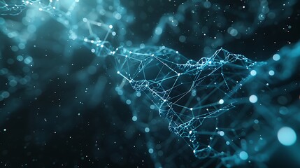 Abstract digital network of glowing blue particles and lines forming a 3D web of connections on a dark background. 3D Illustration.