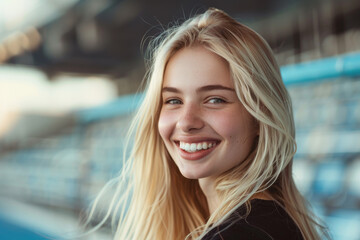 Smiling blonde woman in soccer or football stadium