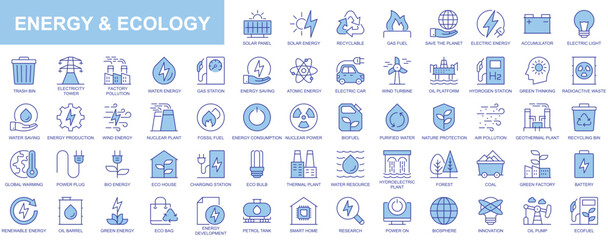 Wall Mural - Energy and ecology web icons set in duotone outline stroke design. Pack pictograms with solar panel, recyclable, gas fuel, save planet, accumulator, electric light, nuclear power. Vector illustration.