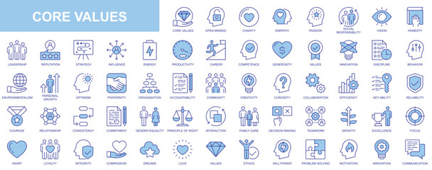 Poster - Core values web icons set in duotone outline stroke design. Pack pictograms with open mind, charity, empathy, passion, social responsibility, honesty, reputation, love, family. Vector illustration.