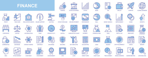 Wall Mural - Finance web icons set in duotone outline stroke design. Pack pictograms with stock exchange, bear, tax, wallet, startup, global business, profit, bull, auction, payment, capital. Vector illustration.