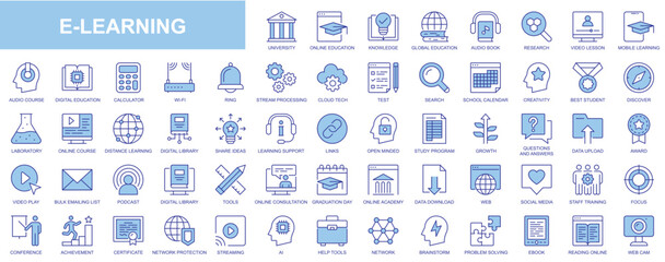 Wall Mural - E-learning web icons set in duotone outline stroke design. Pack pictograms with university, online education, audio book, video lesson, learning, course, stream, network, podcast. Vector illustration.