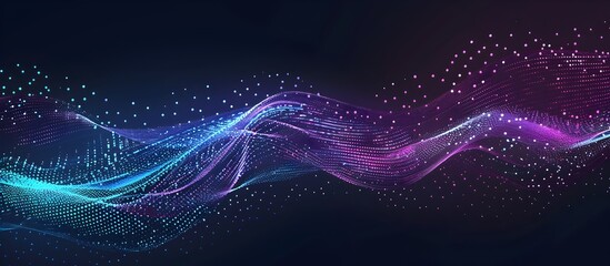 Poster - Abstract vector background with wavy lines and dots in blue, purple and green colors on a dark background
