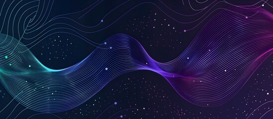 Poster - Abstract vector background with wavy lines and dots in blue, purple and green colors on a dark background
