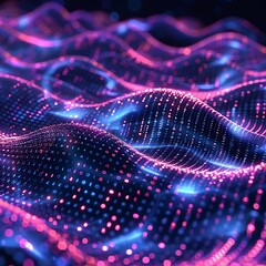 Wall Mural - Abstract digital wave with glowing pink and blue particles, representing futuristic technology and data visualization. 3D Illustration.