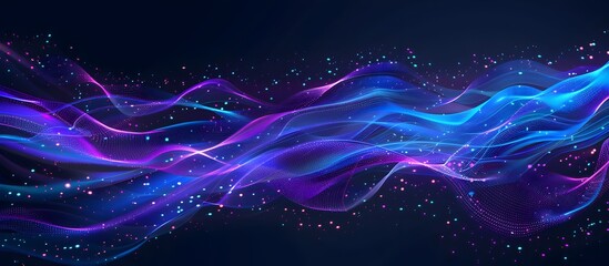 Poster - Vector illustration of digital data streams, in blue and purple colors, against a dark background, depicting a futuristic technology concept with lines, dots and waves
