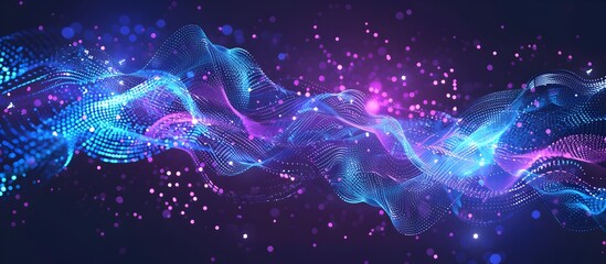 Poster - Vector illustration of digital data streams, in blue and purple colors, against a dark background, depicting a futuristic technology concept with lines, dots and waves
