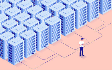 Poster - Data collection - Big tech company data servers collecting and gathering personal user data from person with mobile phone. Data broker concept in flat design isometric perspective vector illustration