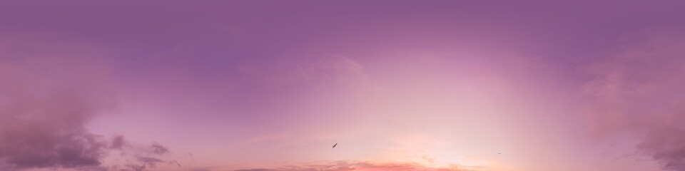 Wall Mural - 360 panorama of glowing sunset sky with bright pink Cirrus clouds. HDR 360 seamless spherical panorama. Full zenith or sky dome sky replacement for aerial drone panoramas. Climate and weather change.