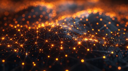 Wall Mural - Abstract glowing network of connected nodes with orange lights, representing data or technology communication, close-up view. 3D Illustration.