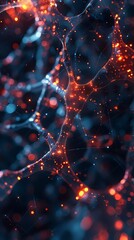 Wall Mural - Abstract glowing neural network, interconnected nodes with red and blue lights on a dark background. 3D Illustration.