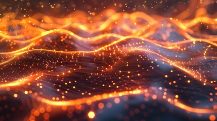 Wall Mural - Abstract image of glowing orange wave-like patterns with light particles, representing data, technology, or futuristic concepts. 3D Illustration.