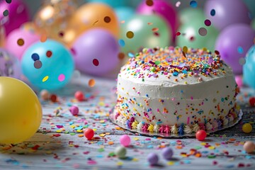 a birthday cake with sprinkles and balloons, a birthday cake with sprinkles and balloons, birthday cake surrounded by floating balloons and confetti