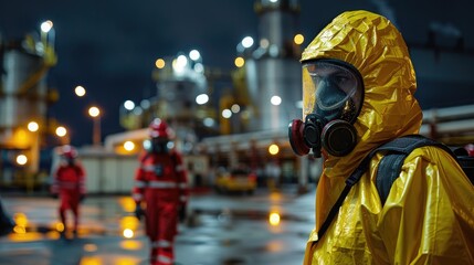 Emergency personnel in protective gear with gas masks during a night-time chemical spill incident in an industrial area at night, emphasizing safety in hazardous environments.