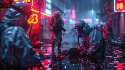 Team in protective suits with gas mask investigating in the area at night after causing a riot near the entertainment venue, with a sense of urgency and precision in a possibly contaminated area.