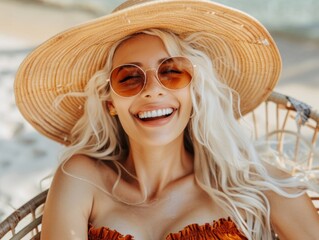 Young adult Caucasian woman with blond hair, wearing a large sun hat and sunglasses, smiling brightly.