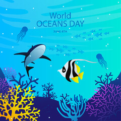 World oceans day 8 June. Save our ocean. Sea turtle, jellyfish and fish were swimming underwater with beautiful coral and seaweed background vector illustration.