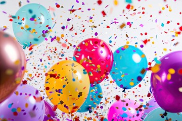 Poster - a bunch of balloons with confetti falling from them, a bunch of balloons with confetti falling from them, lively birthday scene with balloons and joyful confetti