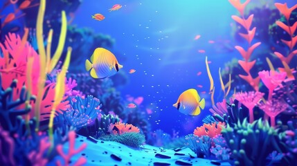 Naklejka na meble Colorful tropical fish amidst coral reef, minimalistic and vibrant underwater scene. Perfect for marine biology and ocean beauty themes