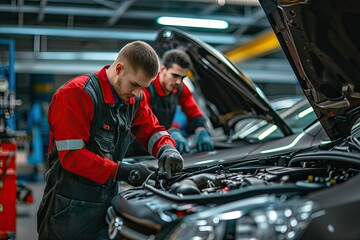 Poster - a car factory with workers working on cars, a factory with a lot of cars on the assembly line, team of technicians performing routine maintenance on a fleet of cars