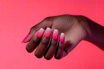 a woman's hand with a pink and green ombre nail, a woman's hand with a pink and green ombre nail, Beautiful hand poses featuring gradient or ombre nail polish techniques