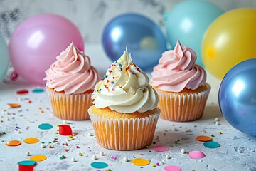 Poster - a table topped with cupcakes and balloons, a table topped with cupcakes and balloons, Birthday cupcakes surrounded by festive balloons and confetti