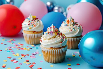 Poster - a table topped with cupcakes and balloons, a table topped with cupcakes and balloons, Birthday cupcakes surrounded by festive balloons and confetti