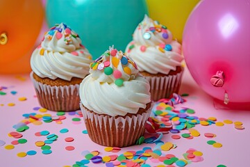 Poster - a table topped with cupcakes and balloons, a table topped with cupcakes and balloons, Birthday cupcakes surrounded by festive balloons and confetti