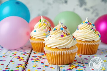 Poster - a table topped with cupcakes and balloons, a table topped with cupcakes and balloons, Birthday cupcakes surrounded by festive balloons and confetti