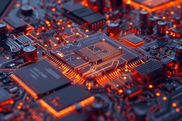 Poster - Abstract depiction of a computer processor on a circuit board, showcasing detailed microchips and components