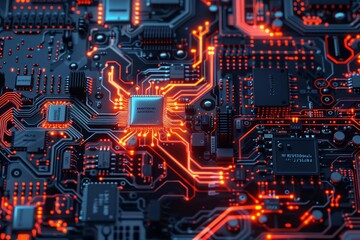 Poster - Abstract depiction of a computer processor on a circuit board, showcasing detailed microchips and components