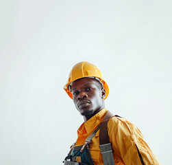 an african american man in construction attire poses against a white backdrop.