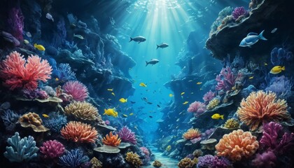 A breathtaking underwater scene featuring a vibrant coral reef teeming with colorful tropical fish. Sunlight filters through the water, illuminating the stunning marine biodiversity in this serene