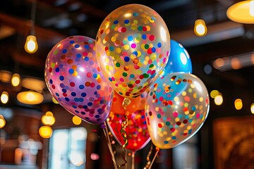 Poster - a bunch of balloons with confetti dots on them, a bunch of balloons with confetti dots on them, Confetti-filled balloons creating a vibrant party atmosphere