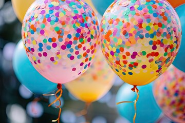 Poster - a bunch of balloons with confetti dots on them, a bunch of balloons with confetti dots on them, Confetti-filled balloons creating a vibrant party atmosphere
