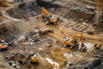 Poster - a group of construction workers working on a construction site, a group of construction workers working on a construction site, Construction site with workers and heavy equipment