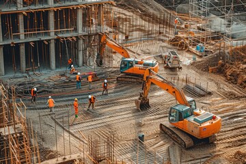 Poster - a group of construction workers working on a construction site, a group of construction workers working on a construction site, Construction site with workers and heavy equipment