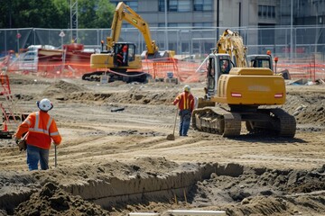 Poster - a group of construction workers working on a construction site, a group of construction workers working on a construction site, Construction site with workers and heavy equipment