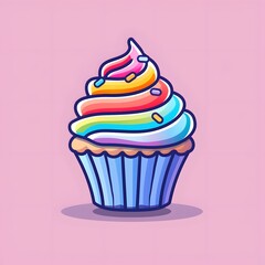 Wall Mural - Cheerful cupcake icon with rainbow frosting and sprinkles, bright and simple cartoonish design, plain background to stand out