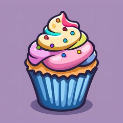 Wall Mural - Cute and adorable icon of a cupcake with rainbow frosting and sprinkles, cartoonish and friendly style, bright colors, plain background to make it stand out