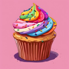 Wall Mural - Cartoonish cupcake with rainbow frosting and sprinkles, friendly and bright design, plain background to highlight the cupcake