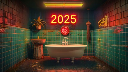 Poster - Futuristic Neon-Lit Bathroom with Sleek White Bathtub, Vibrant 2025 Neon Sign, and Retro Green Tile Decor, Demonstrating Innovative Interior Design