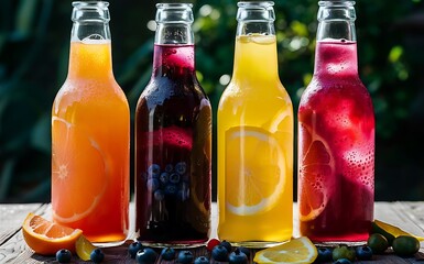 Wall Mural - Cold orange ade grapefruit ade blueberry ade and lemonade in glass bottles