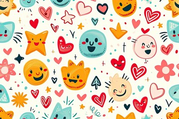 Poster - a pattern of cats and hearts, a pattern of cats and hearts, Cute background illustration with smiling faces, hearts, and delightful motifs