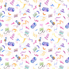 Wall Mural - Tape recorder, audio cassettes and headphones among multicolored scribble. Audio accessories for listening to music. Seamless pattern in 90s nostalgia style. Watercolor illustration for textile