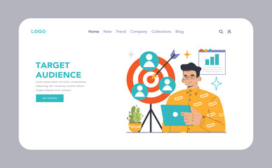 Poster - Target Audience web or landing. Man with tablet beside a dartboard,