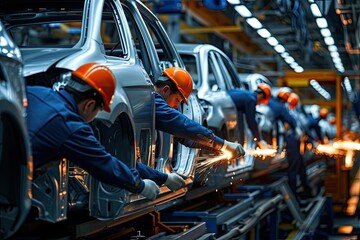 Aufkleber - a man working on a car in a factory, a man working on a car in a factory, Engineers at a car manufacturing plant assembling the components of a new model