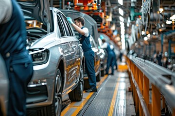 Poster - a car being worked on in a factory, a car being worked on in a factory, Engineers conducting quality control checks on newly manufactured bikes