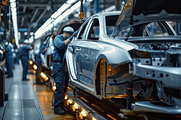 Poster - a car being worked on in a factory, a car being worked on in a factory, Engineers conducting quality control checks on newly manufactured bikes